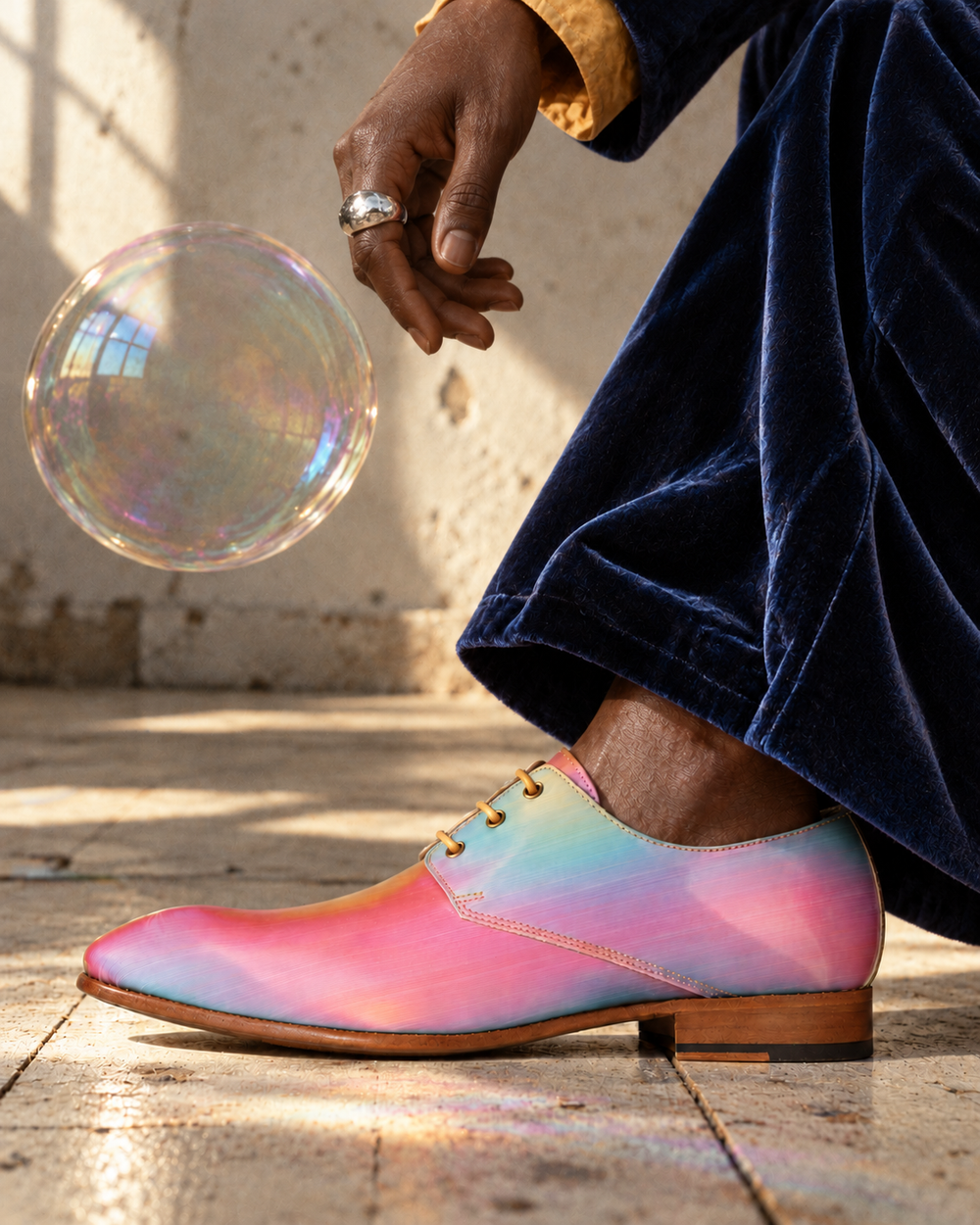 Acid Chameleon onder een donkerblauwe fluwelen broek — artistiek AI-stylingbeeld